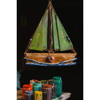 Olive Wooden Boat With 4 Sails Green Colour Olive Wooden Boat With 4 Sails Green Colour