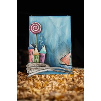Wooden Key Case with Colourful Houses Blue