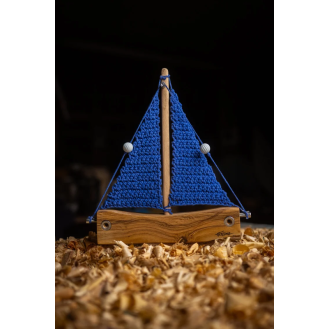 Olive wooden boat with knitted sails blue colour Olive wooden boat with knitted sails blue colour