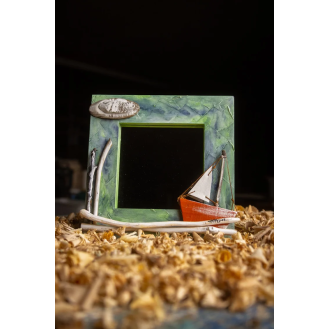 Square Wooden Mirror with Boat Green