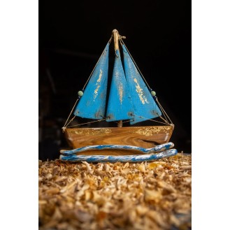 Olive Wooden Boat with 3 Colored Wooden Sails and Gold Leaves blue