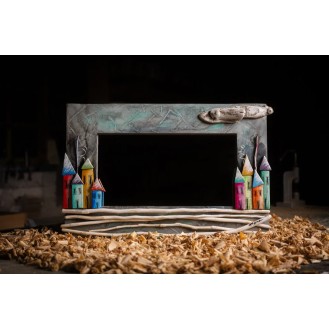 Colored Horizontal Wooden Mirror with Houses Grey