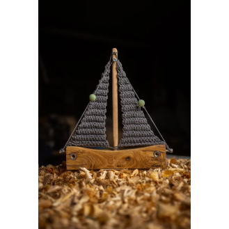 Olive wooden boat with knitted sails grey colour Olive wooden boat with knitted sails grey colour
